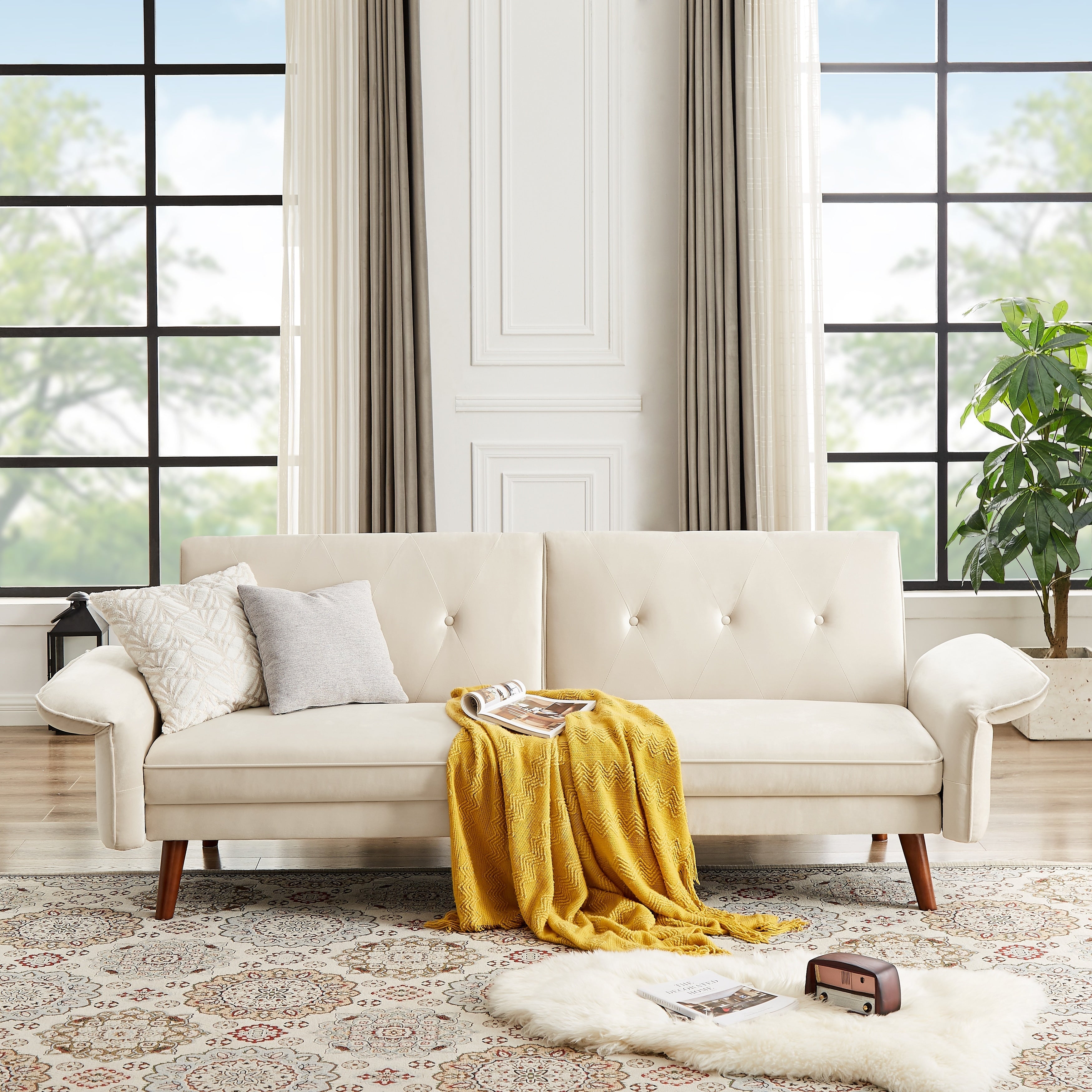 Canapé-lit futon moderne, canapé-lit convertible avec pieds fuselés en bois, 78,35 po, petit canapé à dossier divisé pour salon