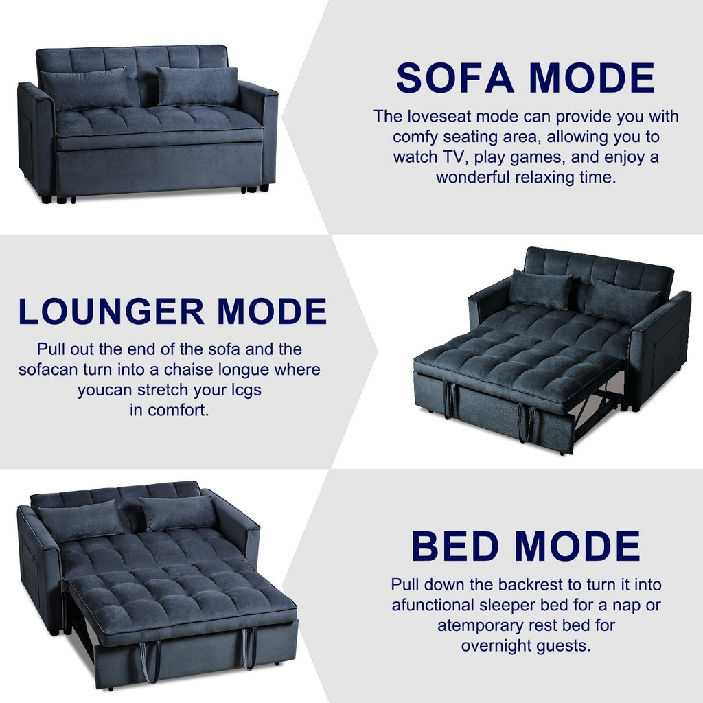 Canapé-lit gigogne moderne, canapé-lit 3 en 1 avec dossier réglable, causeuse en velours, oreillers et poches latérales