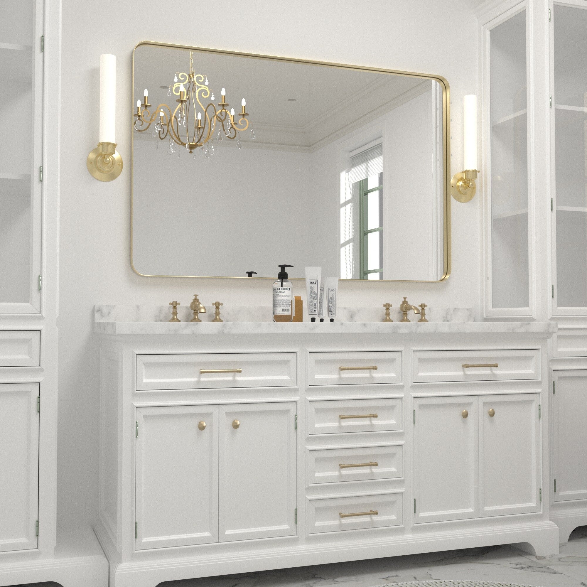 Miroir mural moderne, miroir rectangulaire avec cadre en métal, miroir de salle de bain avec miroir de courtoisie d'angle rond pour vertical/horizontal