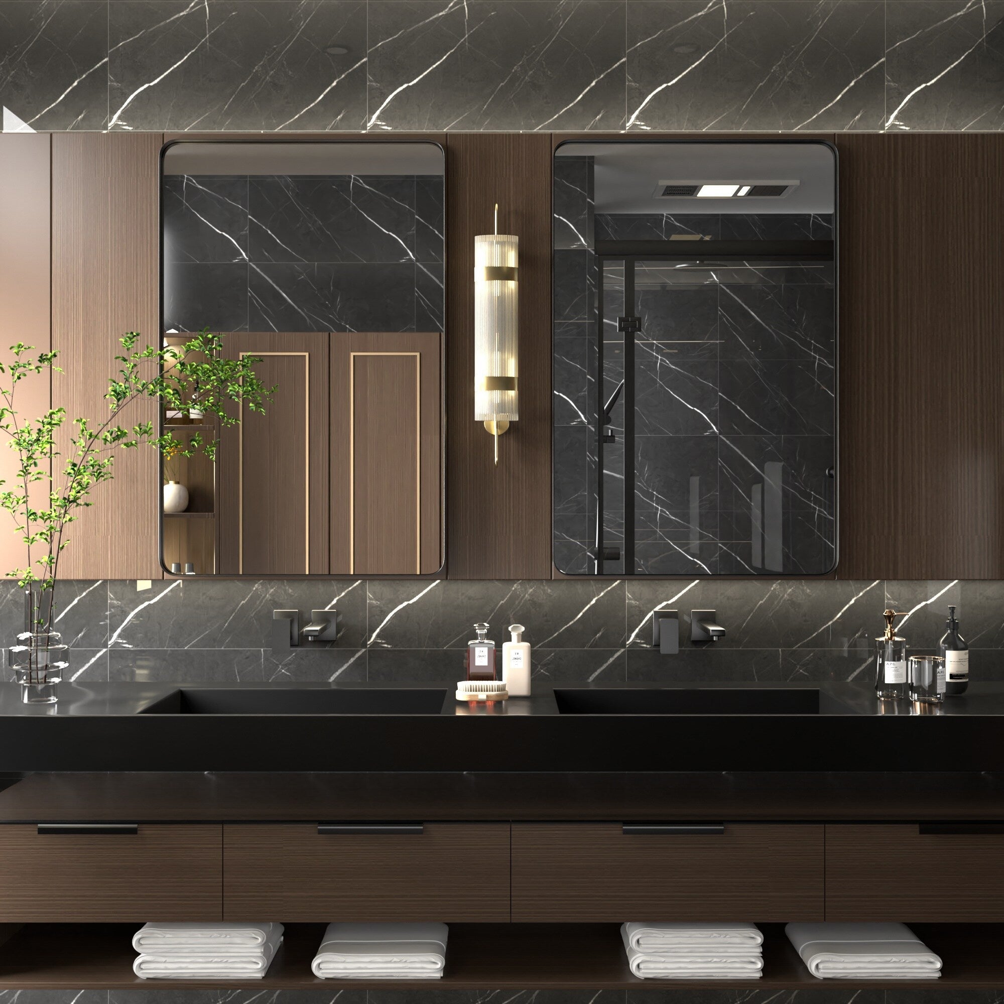 Miroir mural moderne, miroir rectangulaire avec cadre en métal, miroir de salle de bain avec miroir de courtoisie d'angle rond pour vertical/horizontal