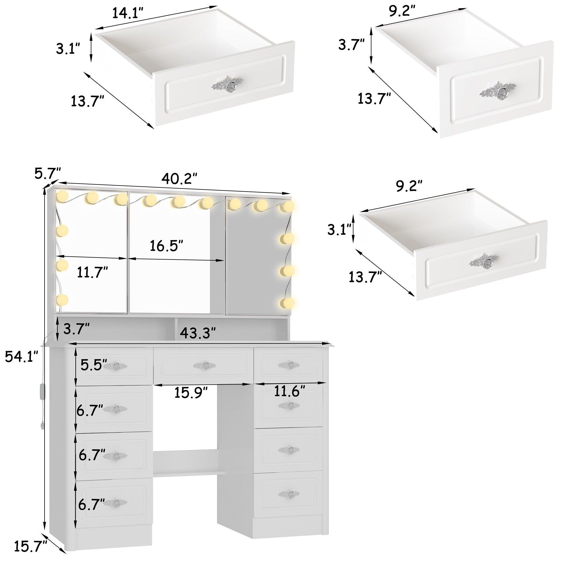 Miroir de maquillage pliable blanc moderne avec éclairage réglable - 40,2 x 54,1