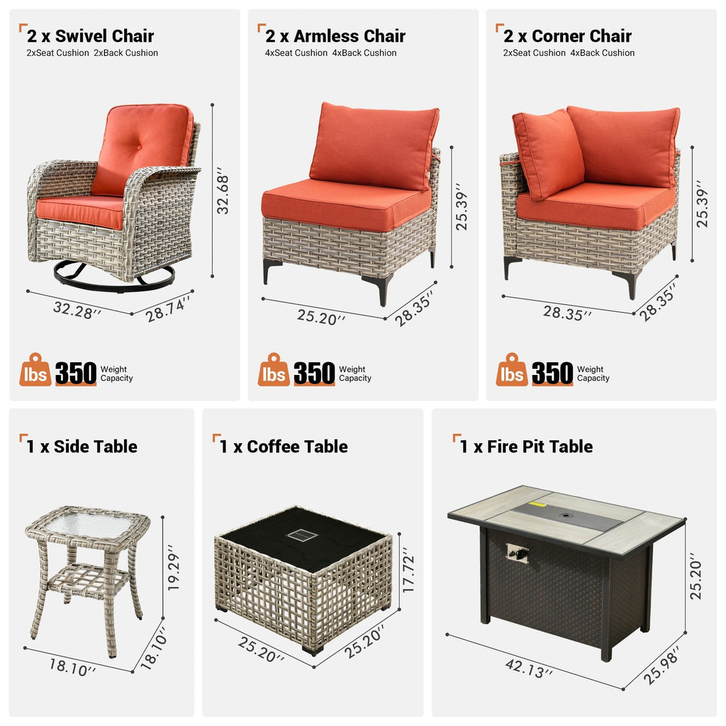 Ensemble de 9 chaises pivotantes d'extérieur en osier OVIOS avec table à feu