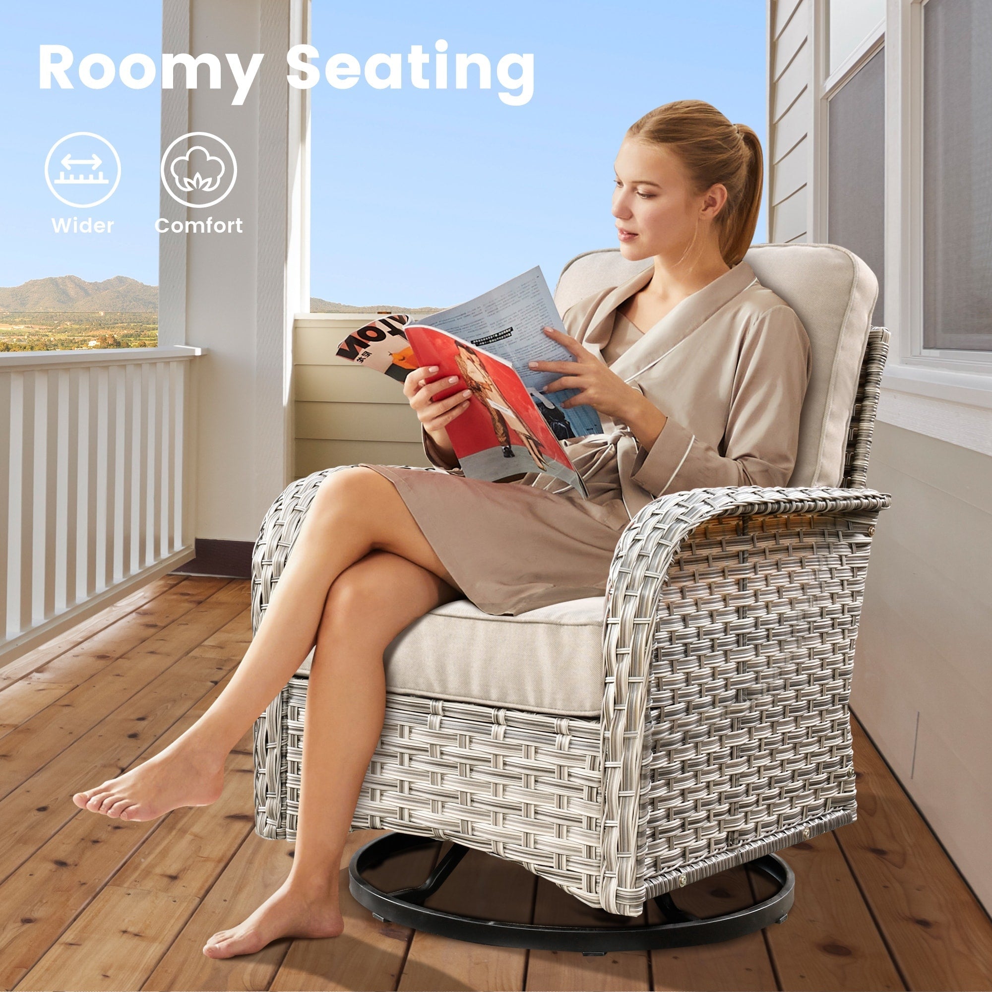 Ensemble de 9 chaises pivotantes d'extérieur en osier OVIOS avec table à feu