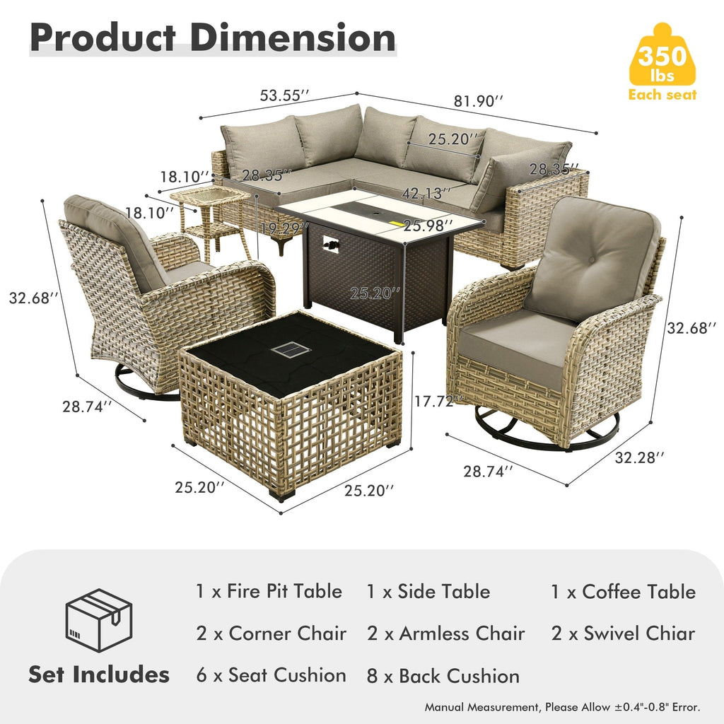 Ensemble de 9 chaises pivotantes d'extérieur en osier OVIOS avec table à feu