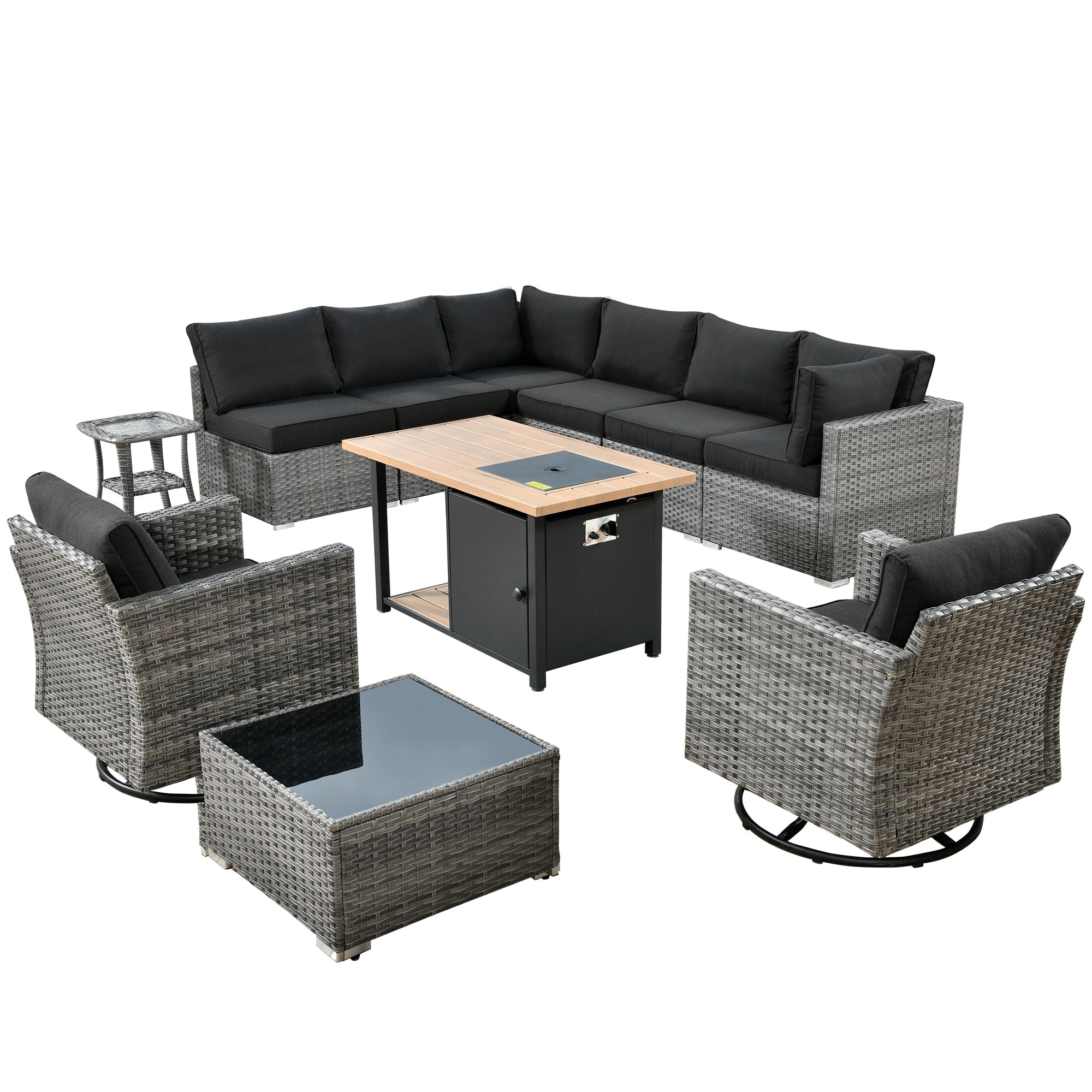 Ensemble de salon sectionnel OVIOS en osier à siège profond, 11 pièces, chaises pivotantes, foyer