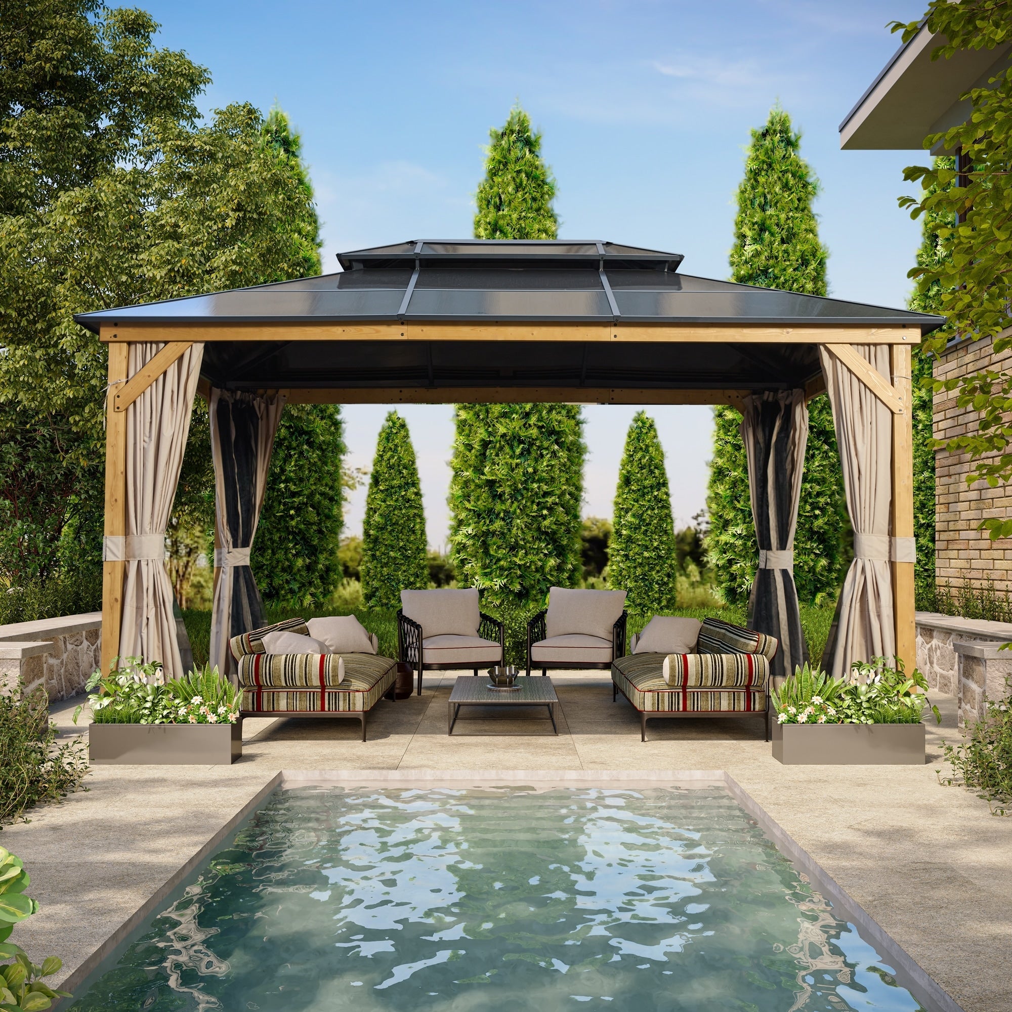 Gazebo à toit rigide EROMMY, pergola d'extérieur avec double toit, filet et rideaux, auvent robuste pour patio, arrière-cour, fête au bord de la piscine