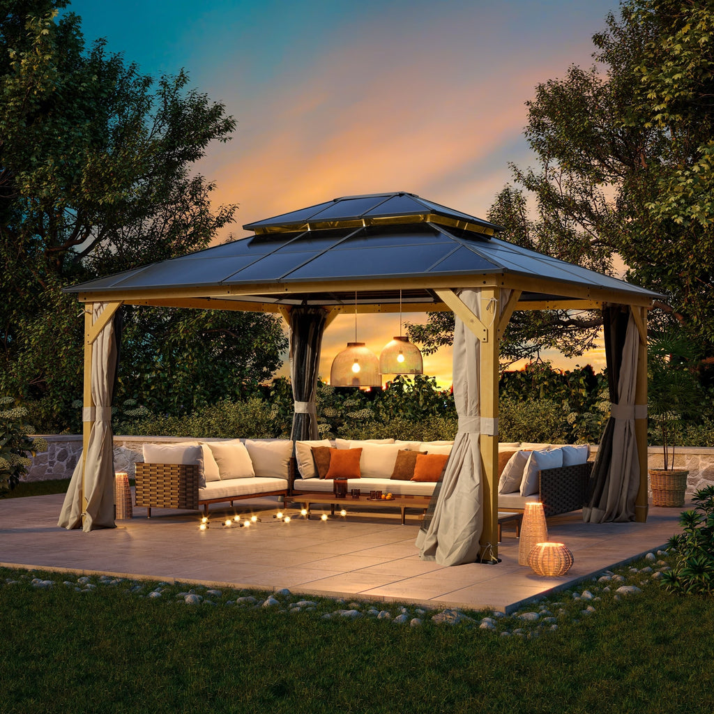 Gazebo à toit rigide EROMMY, pergola d'extérieur avec double toit, filet et rideaux, auvent robuste pour patio, arrière-cour, fête au bord de la piscine