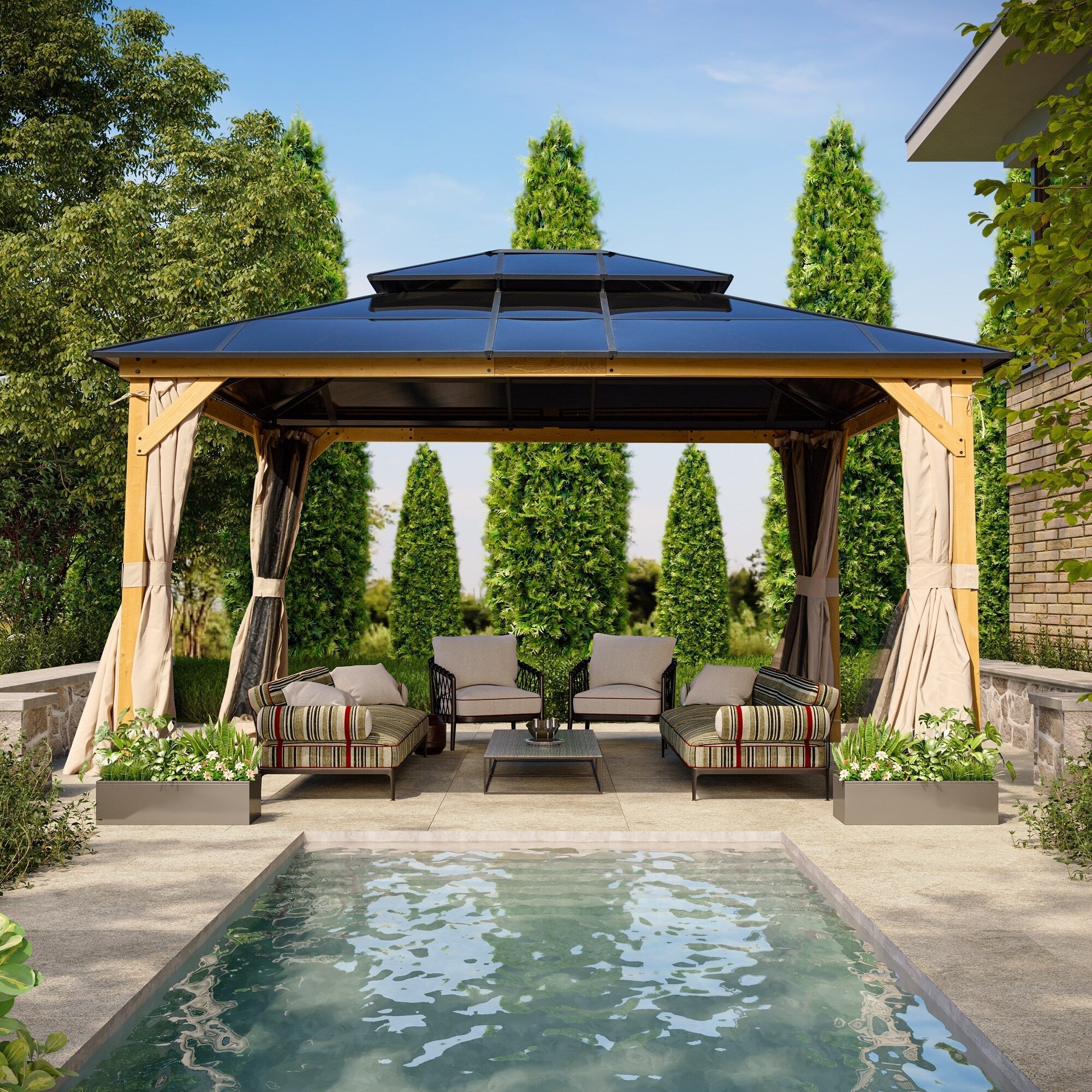 Gazebo à toit rigide EROMMY, pergola d'extérieur avec double toit, filet et rideaux, auvent robuste pour patio, arrière-cour, fête au bord de la piscine