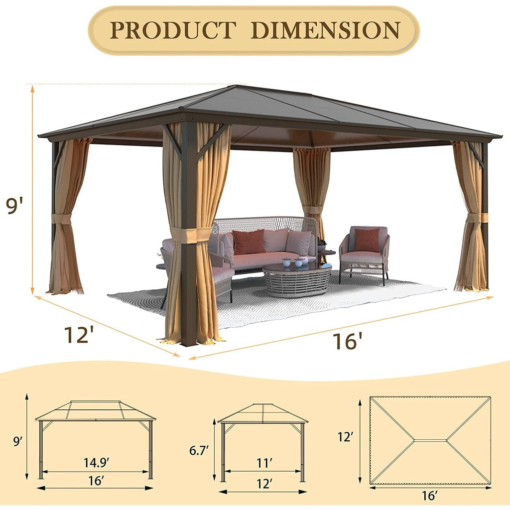 Gazebo à toit rigide EROMMY, pergola d'extérieur avec double toit, filet et rideaux, auvent robuste pour patio, arrière-cour, fête au bord de la piscine