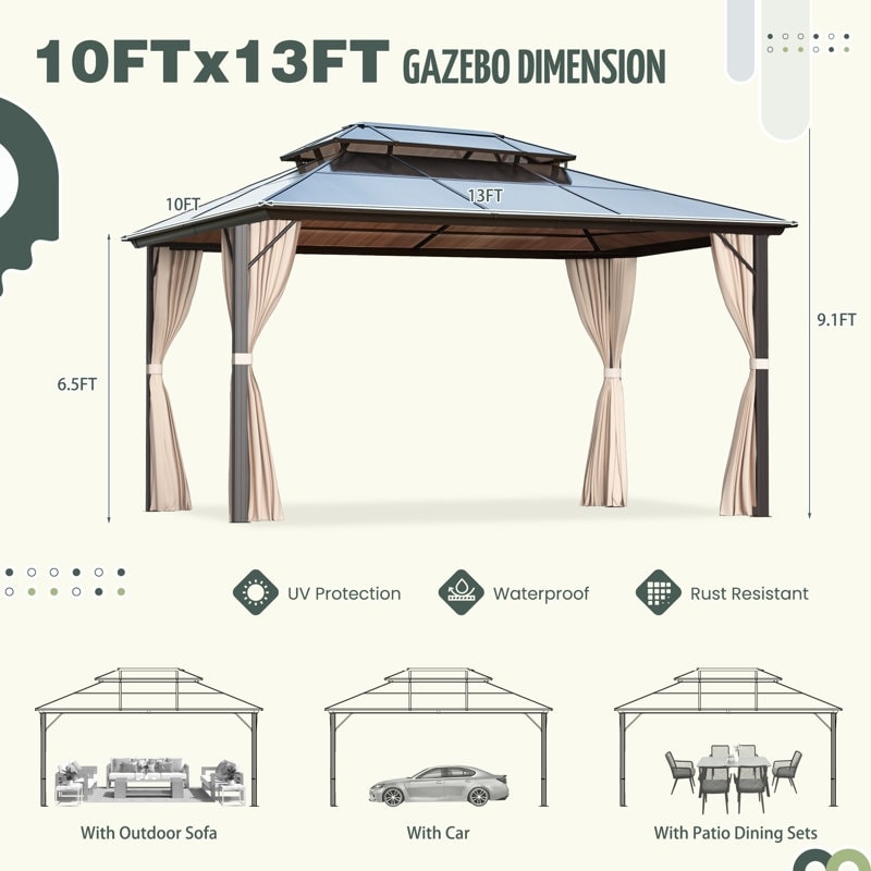 Tonnelle à toit rigide pour jardin – Pergola permanente avec filet, rideaux et double toit, abri extérieur toutes saisons
