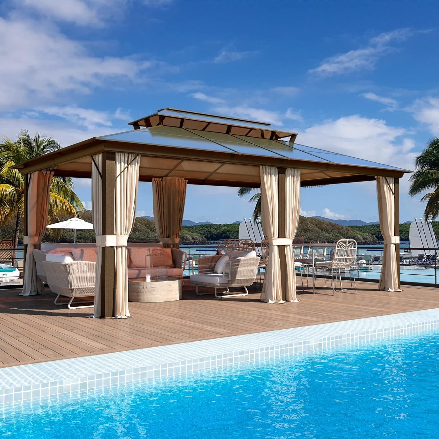 Tonnelle à toit rigide pour jardin – Pergola permanente avec filet, rideaux et double toit, abri extérieur toutes saisons