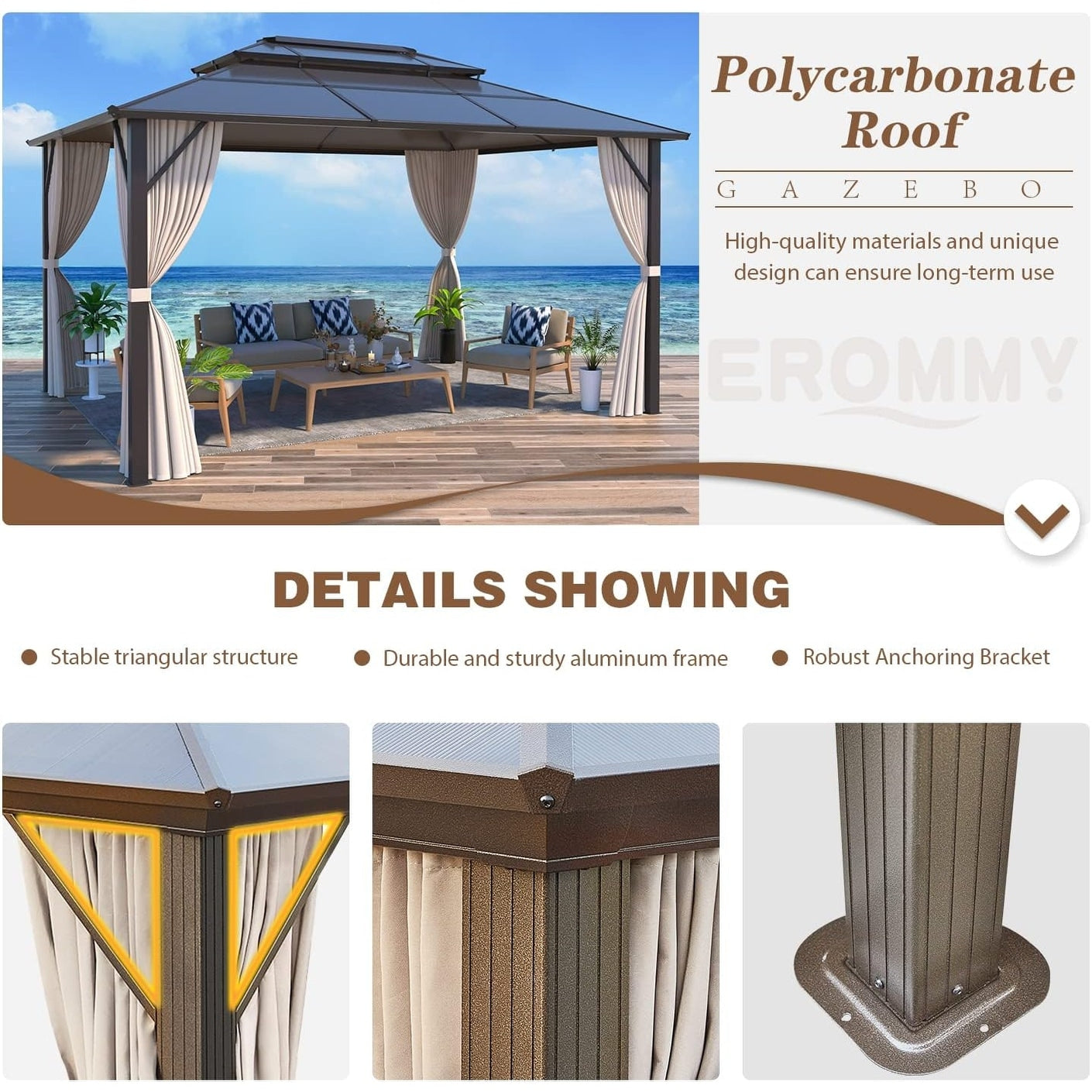 Tonnelle à toit rigide pour jardin – Pergola permanente avec filet, rideaux et double toit, abri extérieur toutes saisons