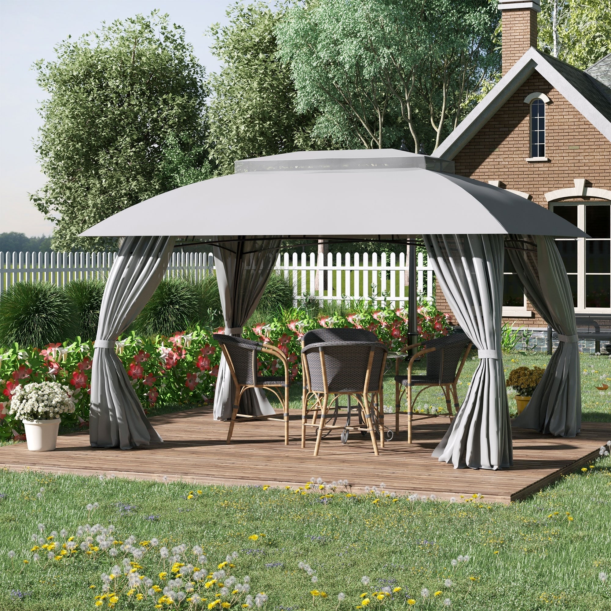 Gazebo de terrasse Outsunny 10' x 13', abri d'extérieur avec parois latérales, toit à double ventilation et structure en acier