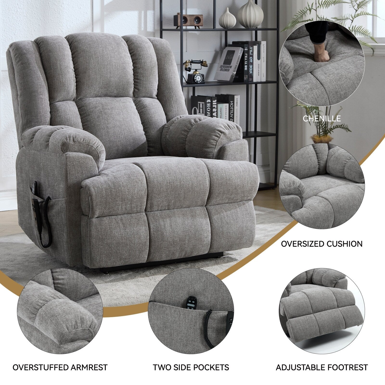 Fauteuil inclinable électrique surdimensionné en chenille avec massage et chauffage lombaire, inclinable en position infinie