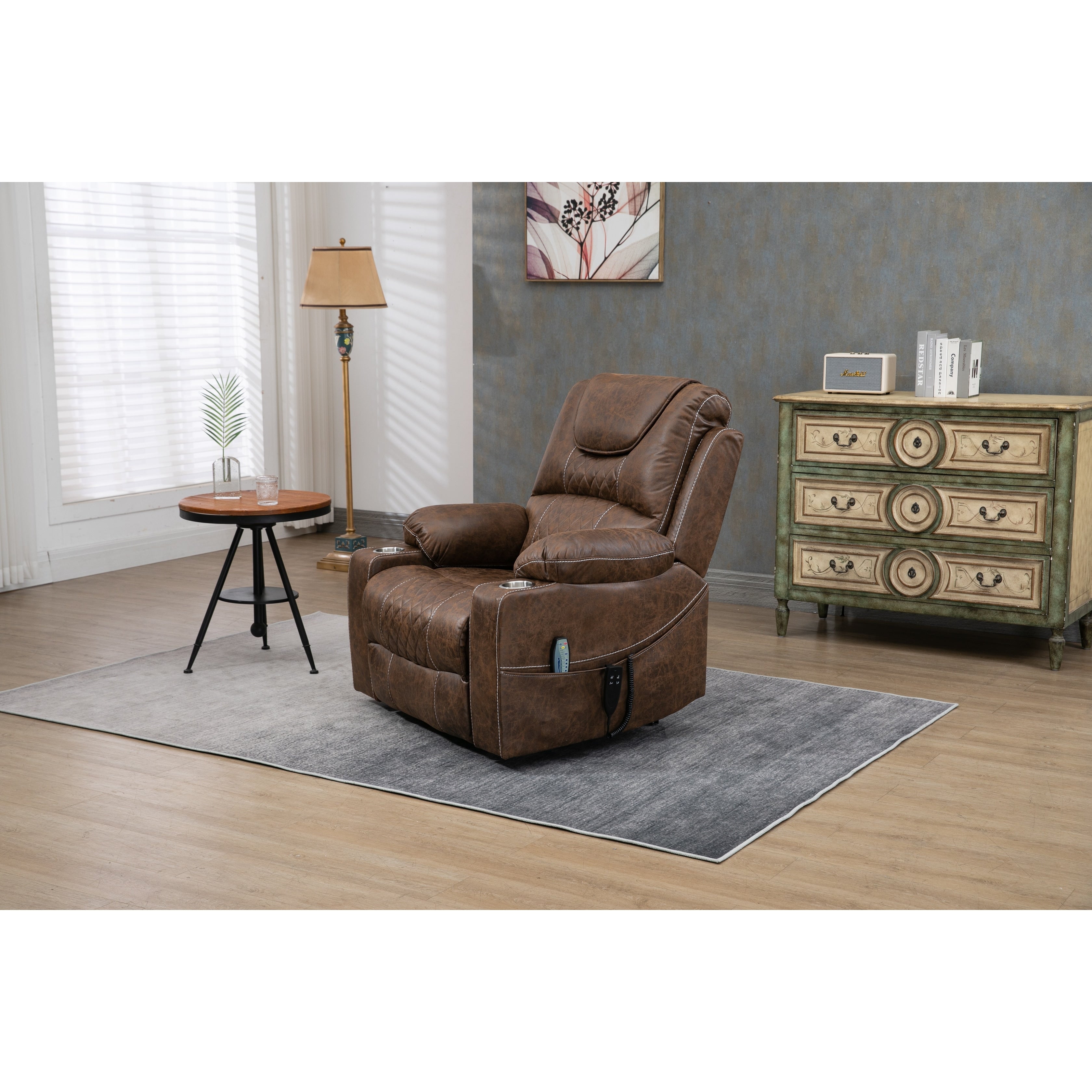 Fauteuil inclinable électrique surdimensionné en cuir PU avec massage, chauffage lombaire, porte-gobelet, inclinaison à plat à 180°