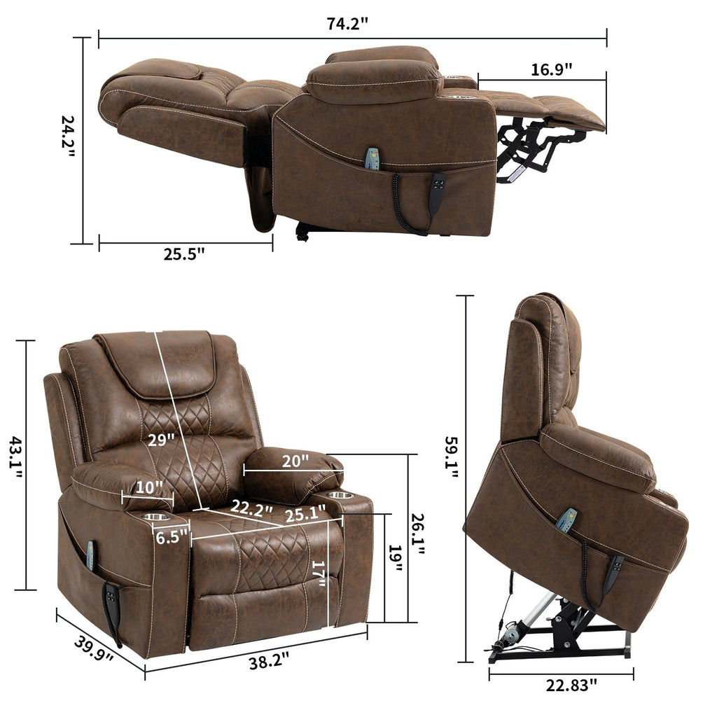 Fauteuil inclinable électrique surdimensionné en cuir PU avec massage, chauffage lombaire, porte-gobelet, inclinaison à plat à 180°