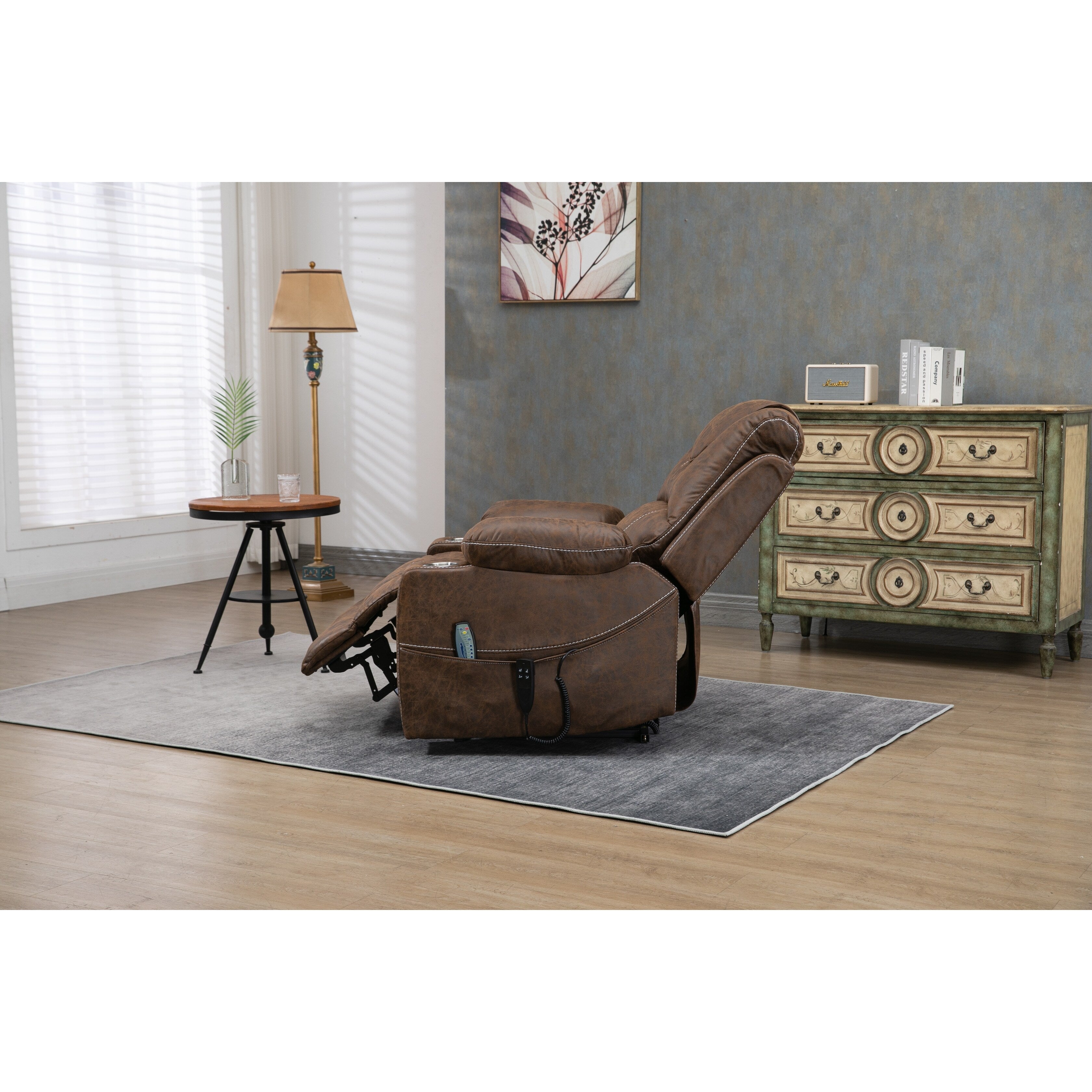 Fauteuil inclinable électrique surdimensionné en cuir PU avec massage, chauffage lombaire, porte-gobelet, inclinaison à plat à 180°