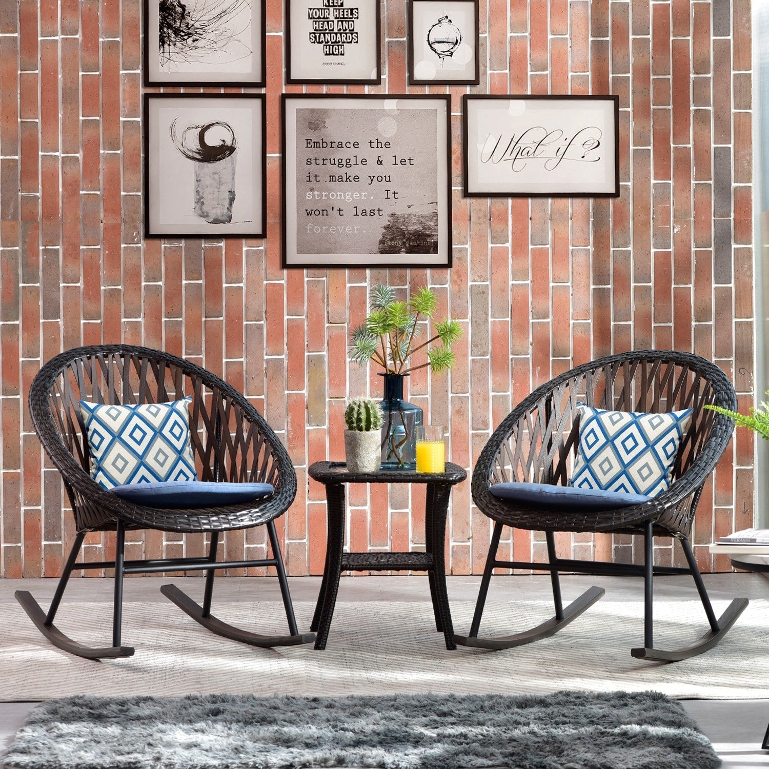 Ensemble bistrot OVIOS 3 pièces avec chaises à bascule et table basse en verre