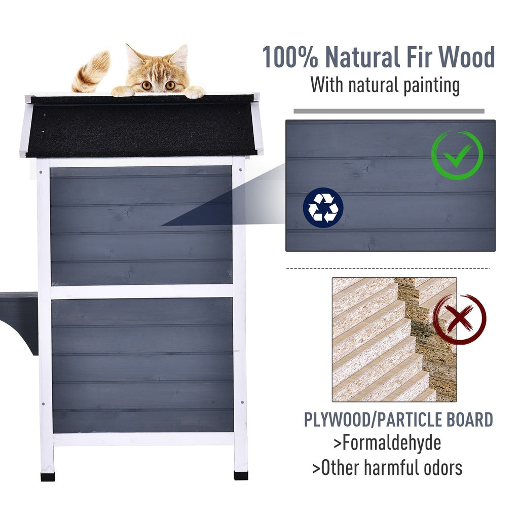 Maison pour chat d'extérieur PawHut en bois de sapin à deux étages, abri pour chats sauvages en bois avec toit en asphalte ouvrable pour intérieur/extérieur, blanc/gris
