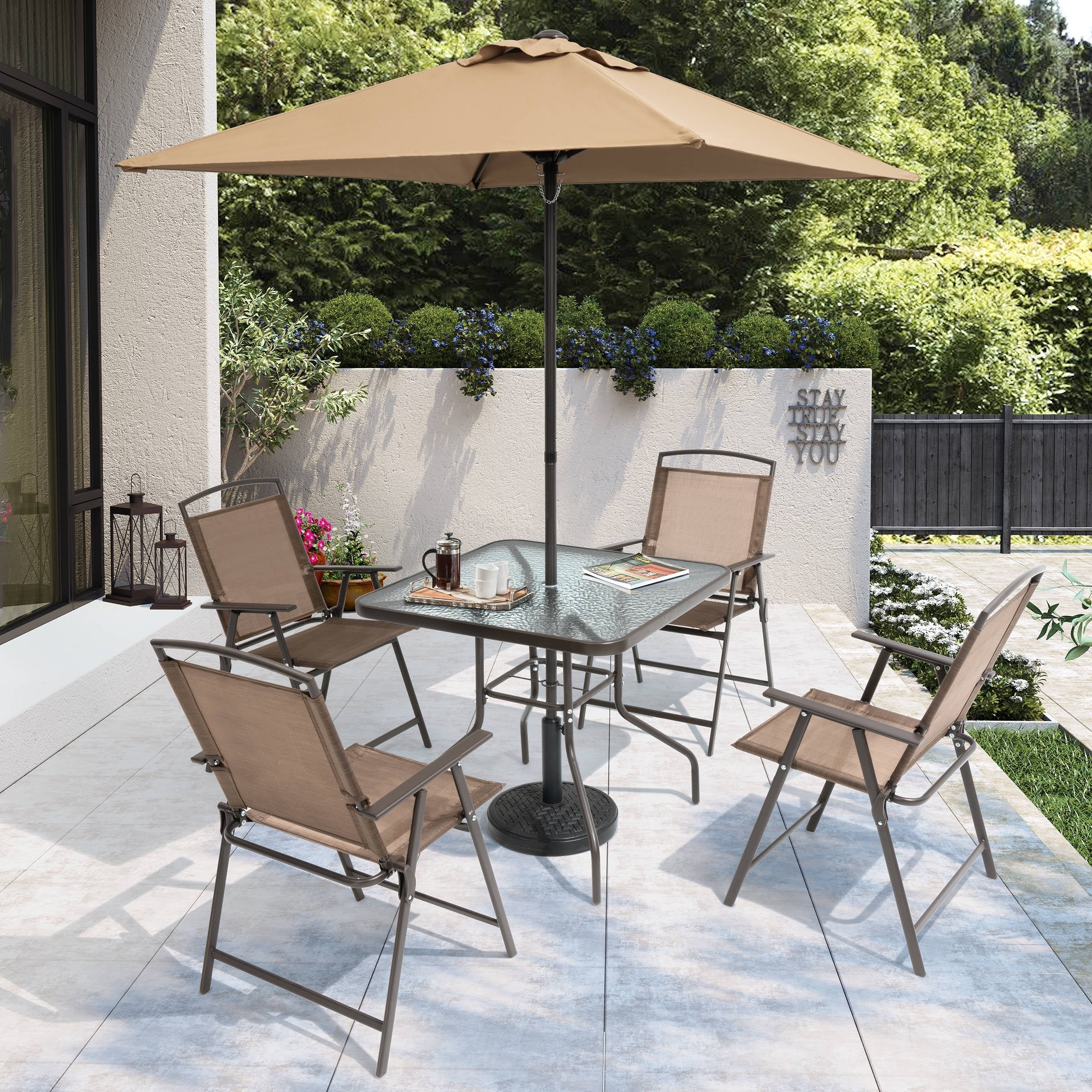 Ensemble de patio Pellebant 6 pièces avec table, parasol et 4 chaises pliantes - 22,4 L x 26,8 P x 34,4 H