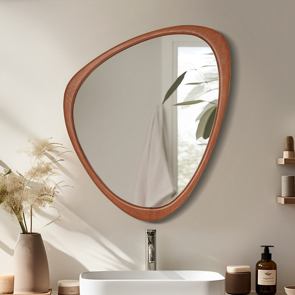 Miroir mural asymétrique en forme de pavé avec cadre en pin