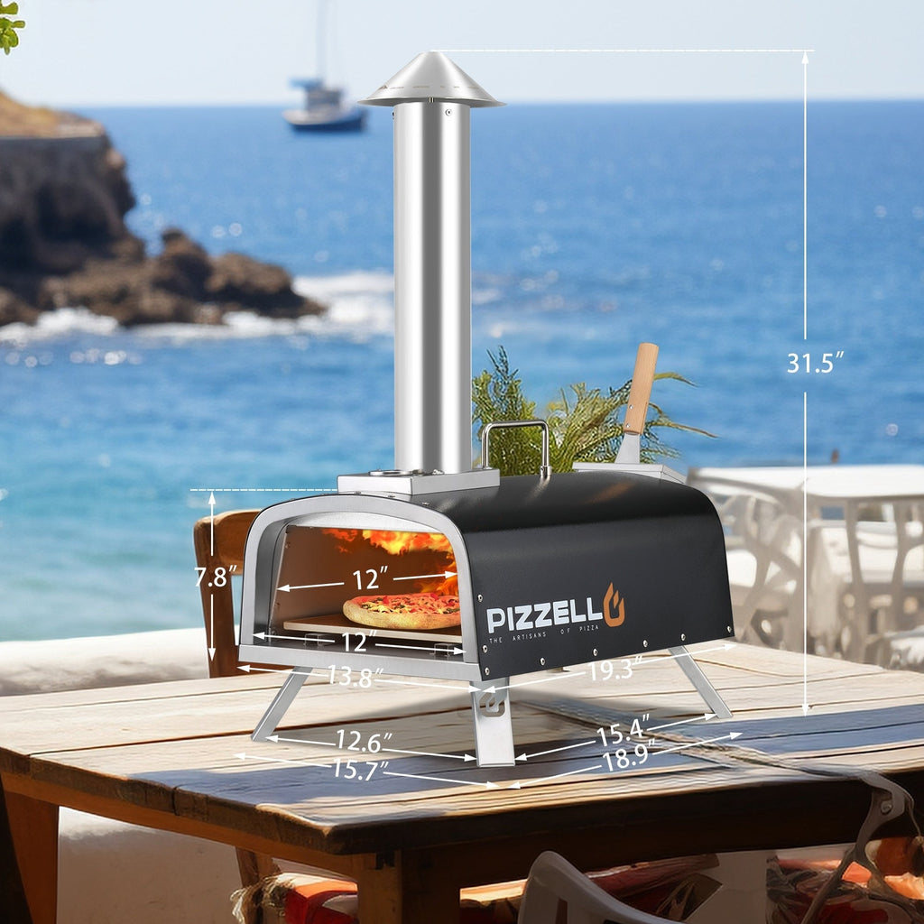Four à pizza extérieur multicombustible, machine à pizza cuite sur pierre avec brûleur à gaz et boîte à bois - 12 pouces