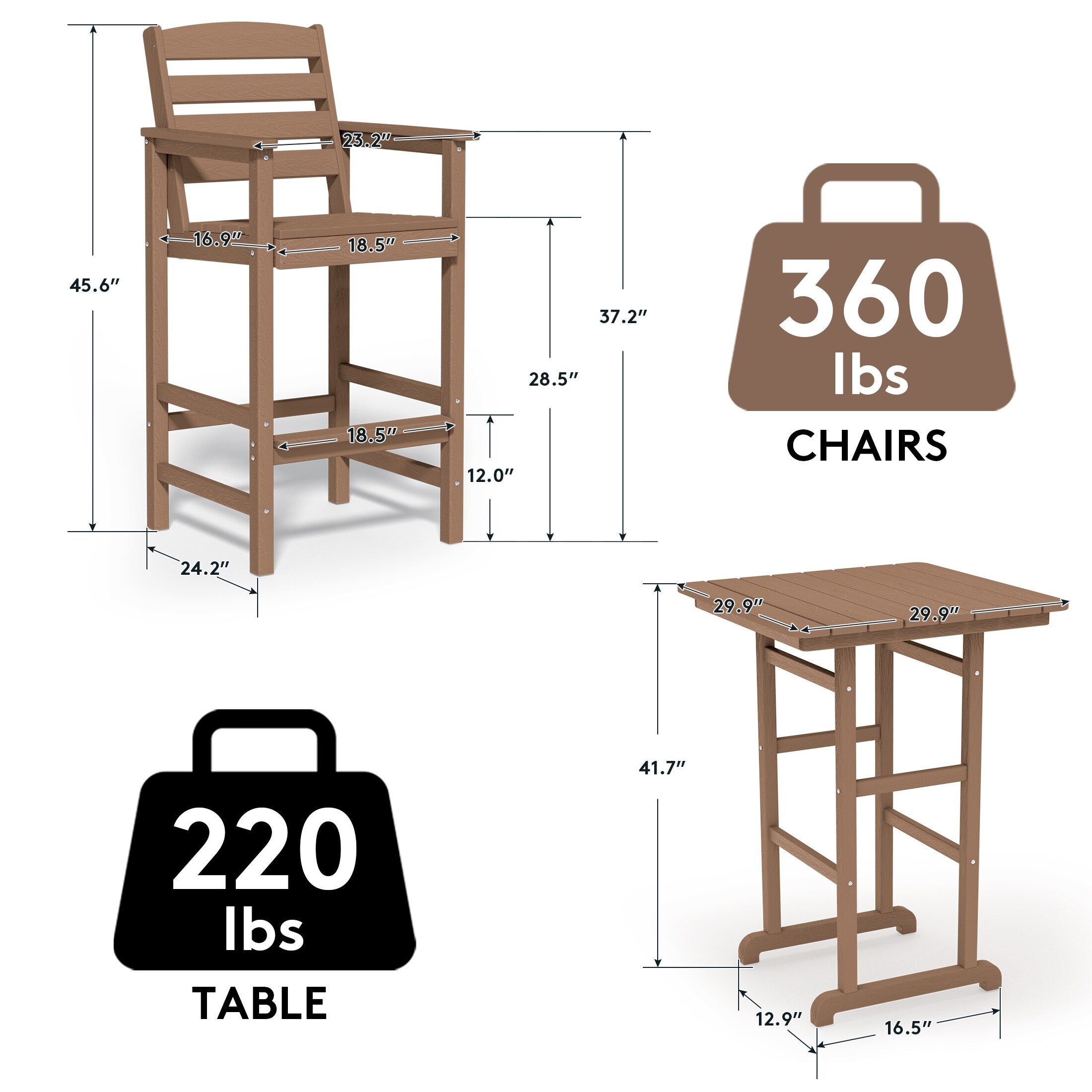 Ensemble de 3 chaises hautes Adirondack en plastique pour patio