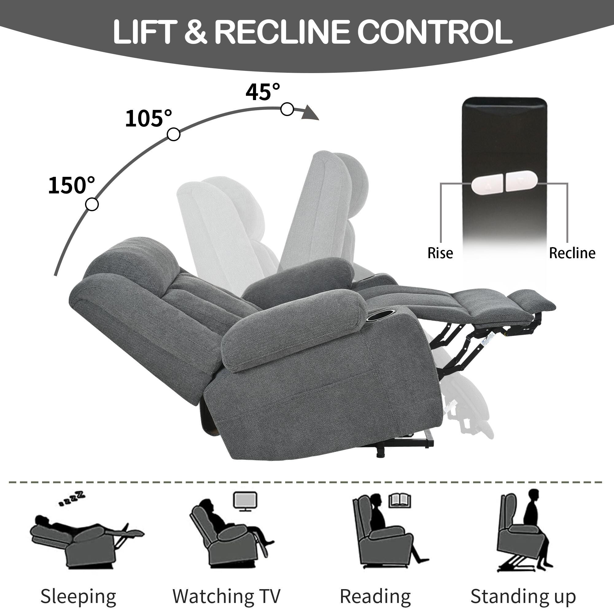 Fauteuil releveur électrique pour personnes âgées, en tissu, avec repose-pieds allongé, 2 porte-gobelets, poches latérales et télécommande.