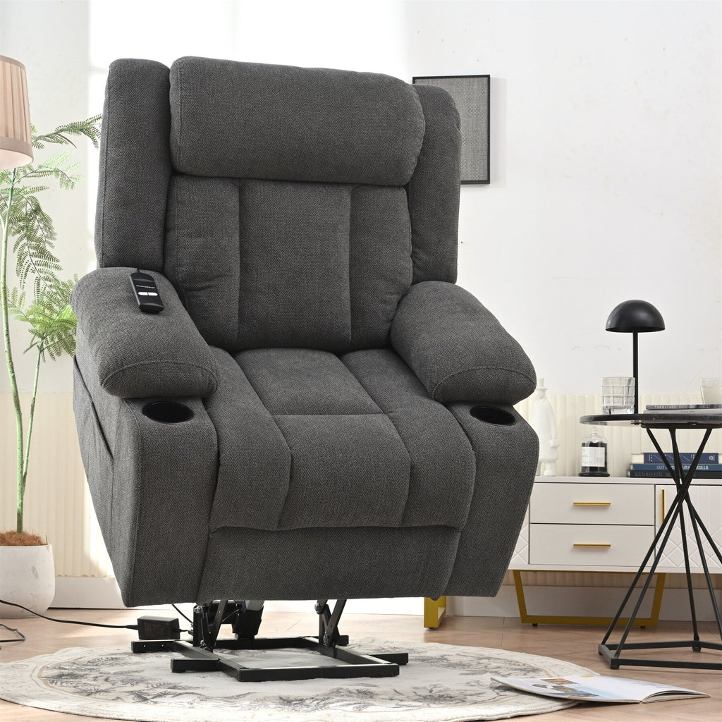 Fauteuil releveur électrique pour personnes âgées, en tissu, avec repose-pieds allongé, 2 porte-gobelets, poches latérales et télécommande.