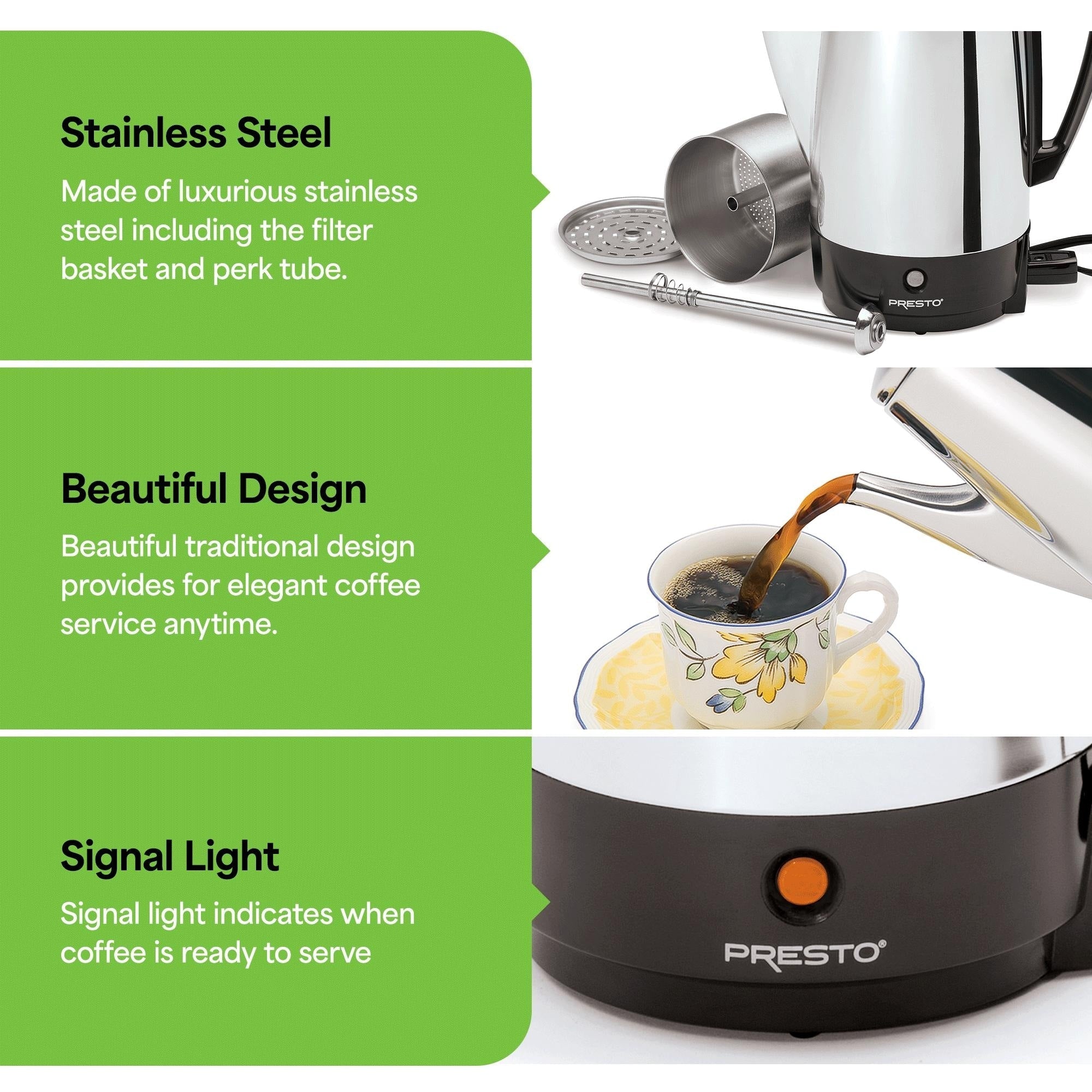 Cafetière Presto en acier inoxydable, percolateur robuste 12 tasses, argent - 2,79