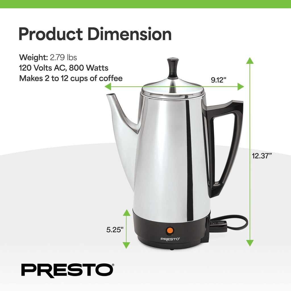Cafetière Presto en acier inoxydable, percolateur robuste 12 tasses, argent - 2,79
