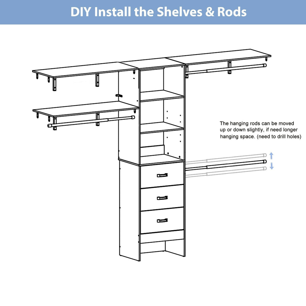Rackcog Organiseur de placard réglable de 120 pouces avec tiroirs, système de placard avec étagères de bricolage pour placards et dressings