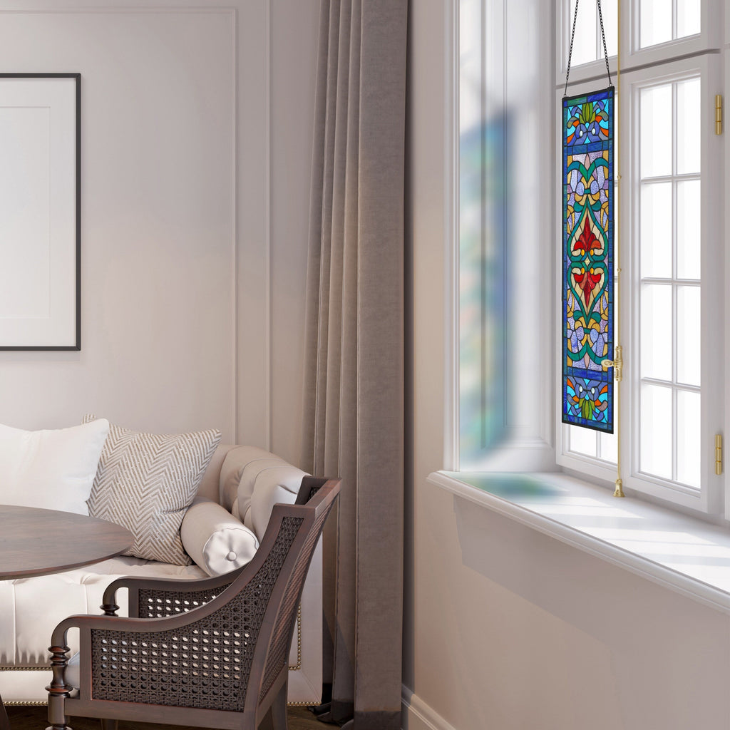 Panneau de fenêtre en vitrail victorien Fleur de lys River of Goods - 9,5 L x 0,25 l x 36 H