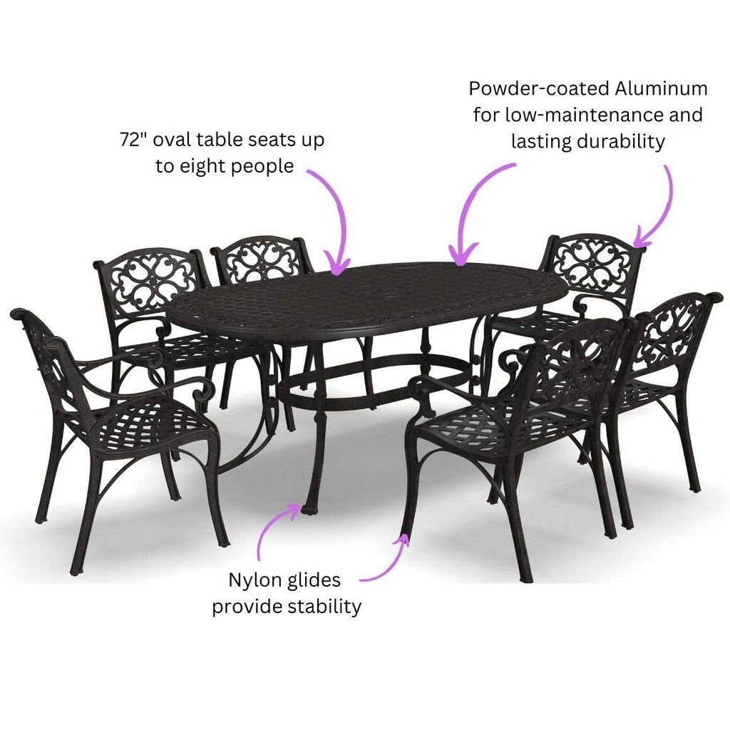 Ensemble de salle à manger d'extérieur en aluminium bronze Sanibel 7 pièces avec table à manger ovale de 72 pouces et six fauteuils par Homestyles