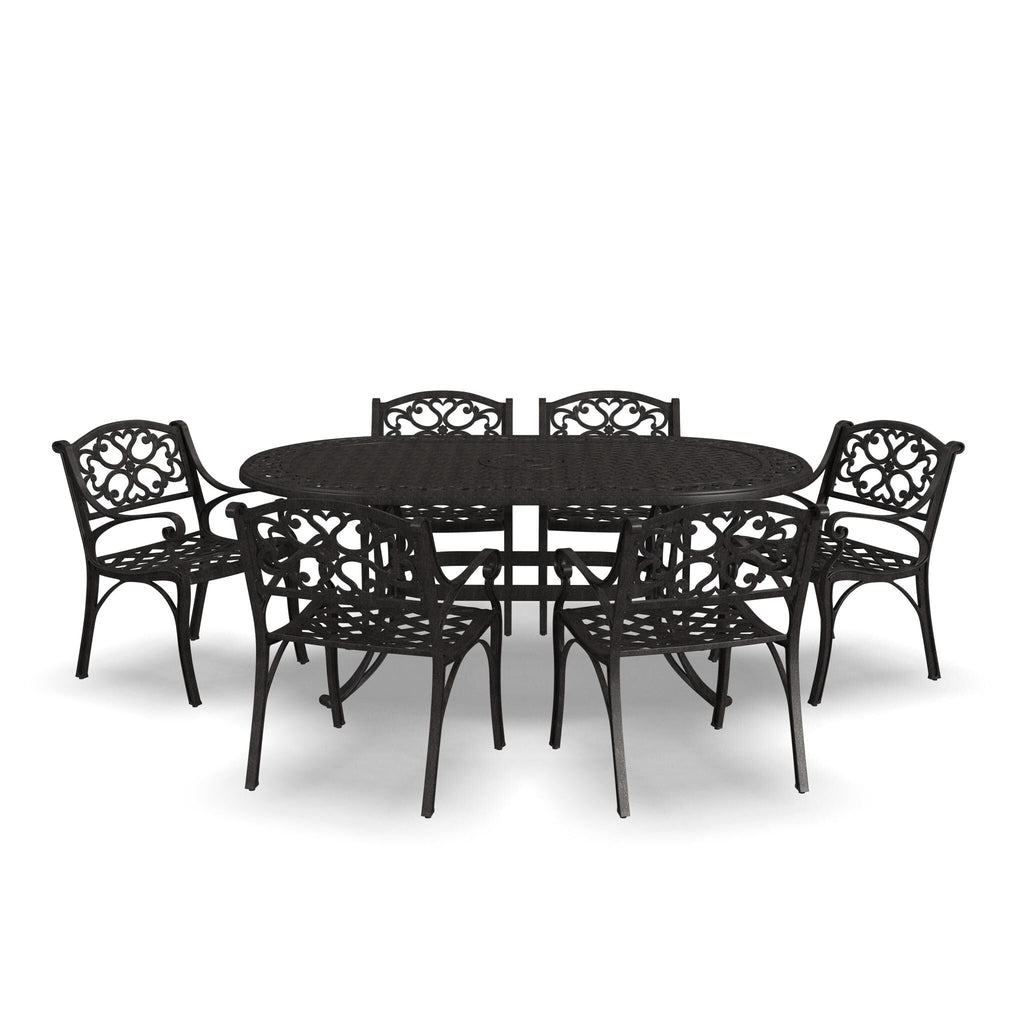 Ensemble de salle à manger d'extérieur en aluminium bronze Sanibel 7 pièces avec table à manger ovale de 72 pouces et six fauteuils par Homestyles