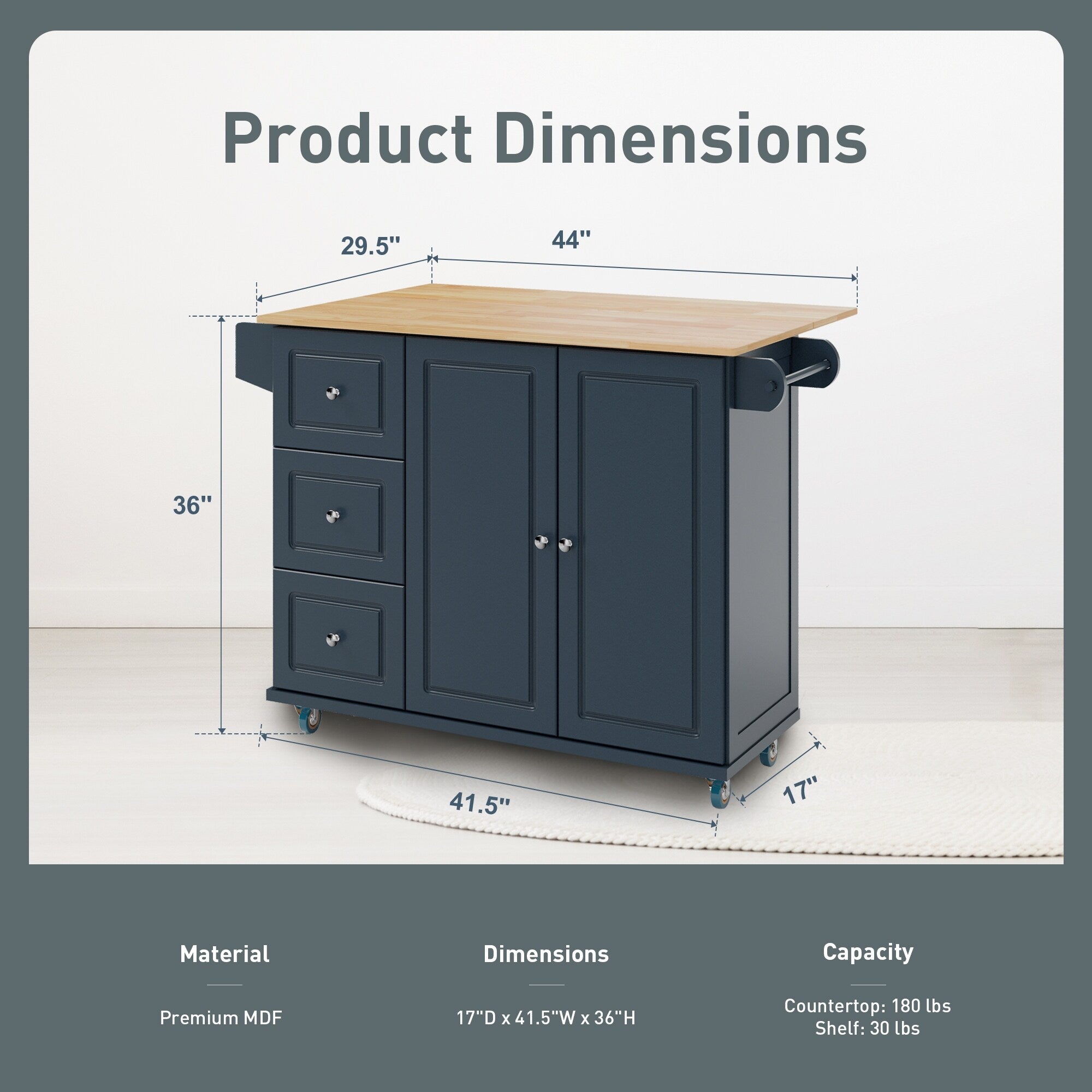 Desserte de cuisine Sophia &amp; William avec abattant et plateau en bois d'hévéa, desserte de cuisine roulante avec grand meuble de rangement