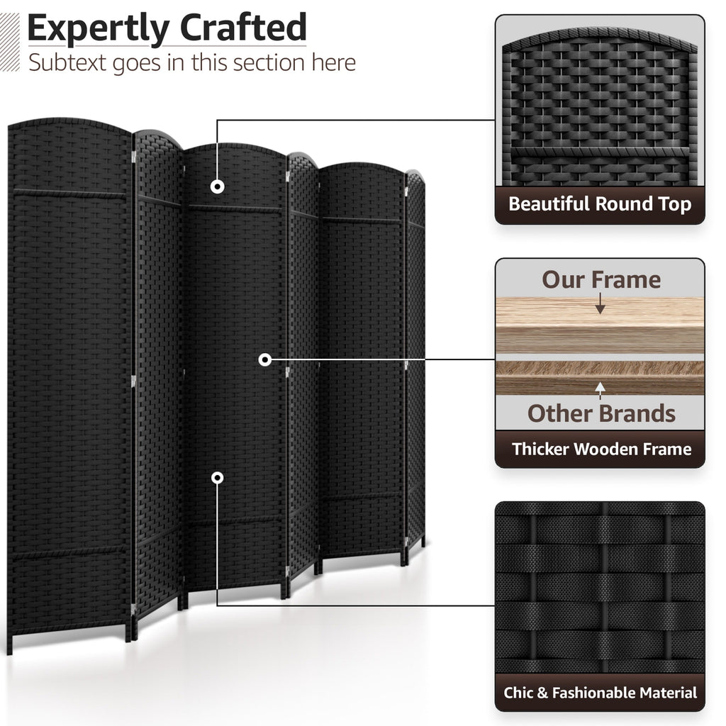 Séparateur de pièce Sorbus à 6 panneaux, cloison de séparation extra large et pliable, tissé à la main, à double charnière, en maille - 1,8 m