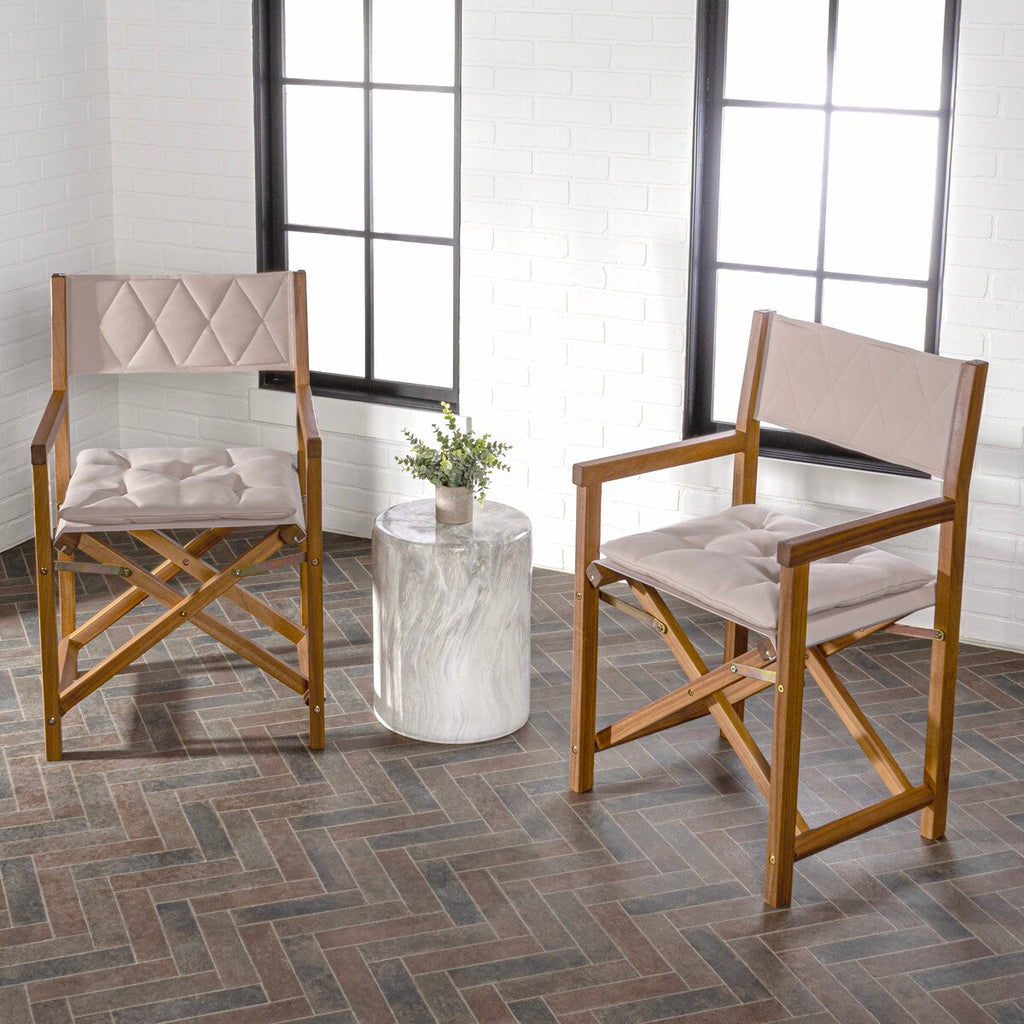 Chaise de réalisateur d'extérieur classique Theo, style milieu de siècle, pliable, en bois d'acacia, avec dossier matelassé en losanges et coussin (lot de 2) par JONATHAN Y