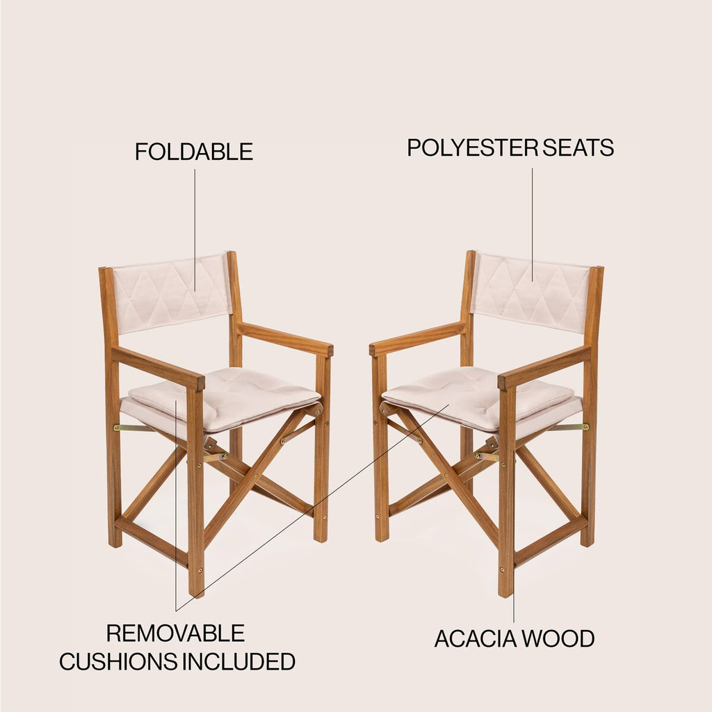 Chaise de réalisateur d'extérieur classique Theo, style milieu de siècle, pliable, en bois d'acacia, avec dossier matelassé en losanges et coussin (lot de 2) par JONATHAN Y