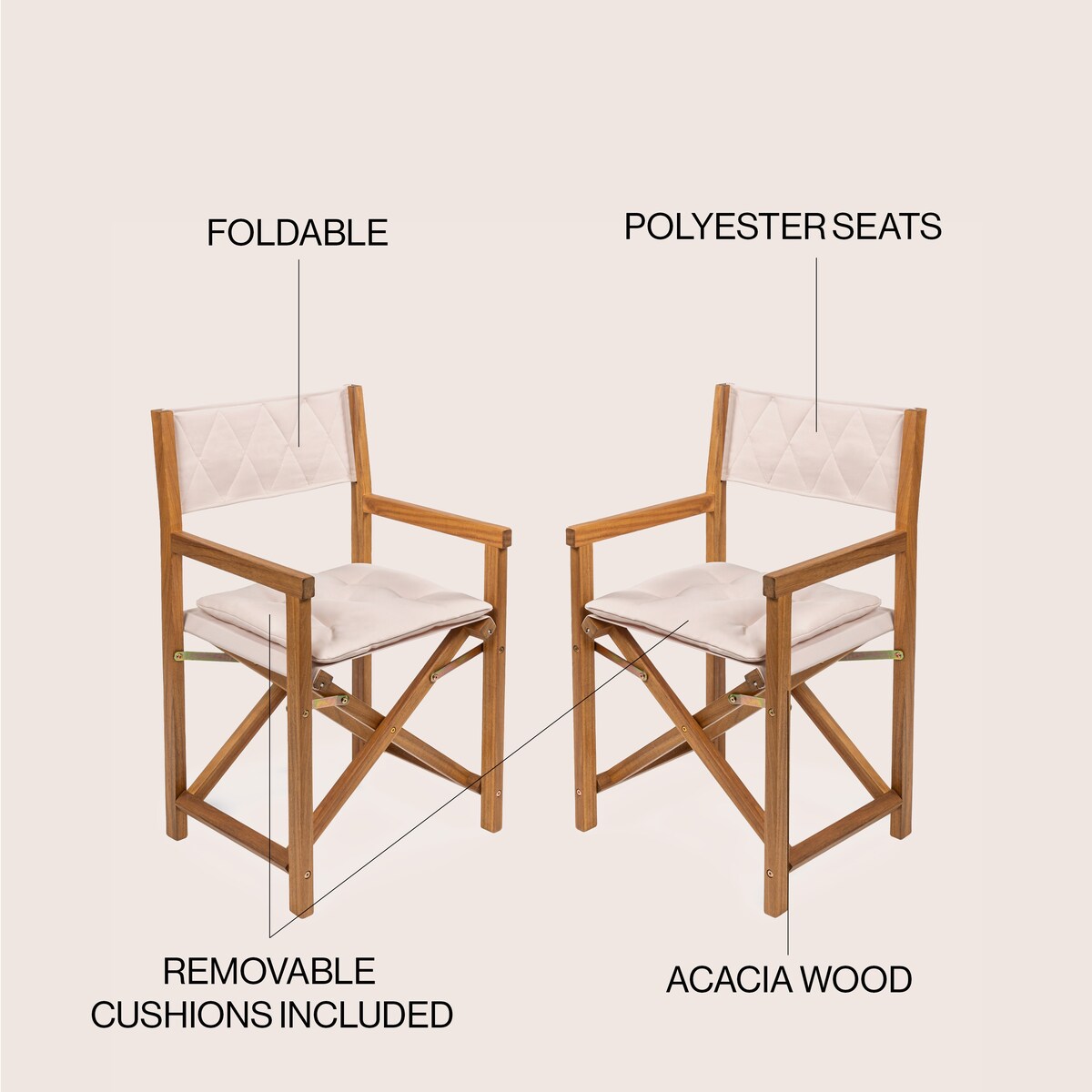 Chaise de réalisateur d'extérieur classique Theo, style milieu de siècle, pliable, en bois d'acacia, avec dossier matelassé en losanges et coussin (lot de 2) par JONATHAN Y