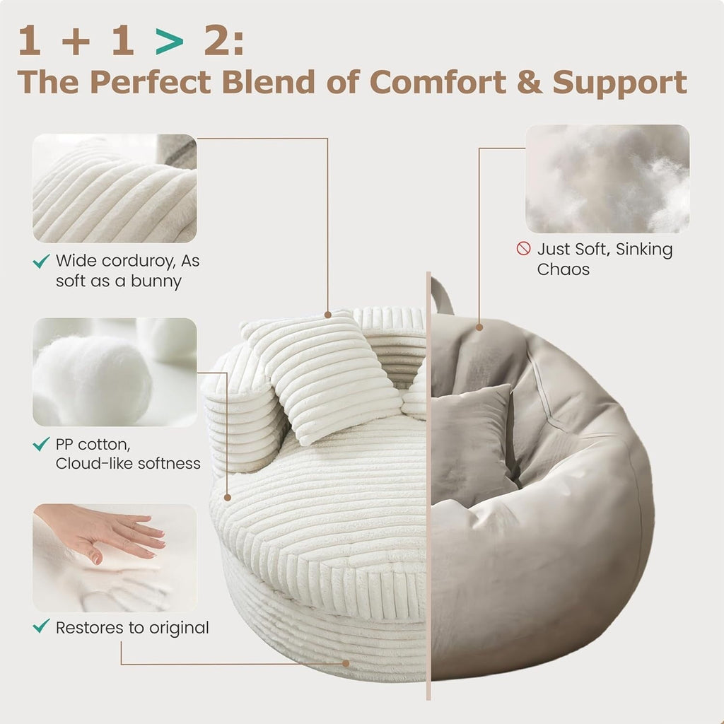 WOWMAX 47 Chaise longue ronde d'intérieur, canapé de sol rembourré en velours côtelé, fauteuil-lit surdimensionné avec 2 coussins décoratifs