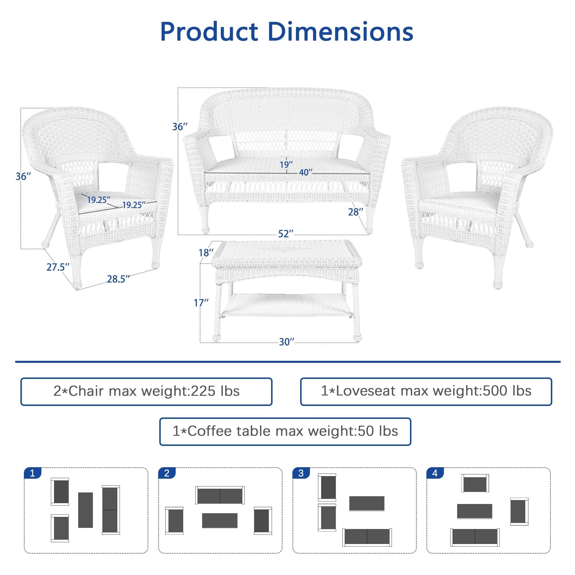 Ensemble de conversation 4 pièces pour patio en osier