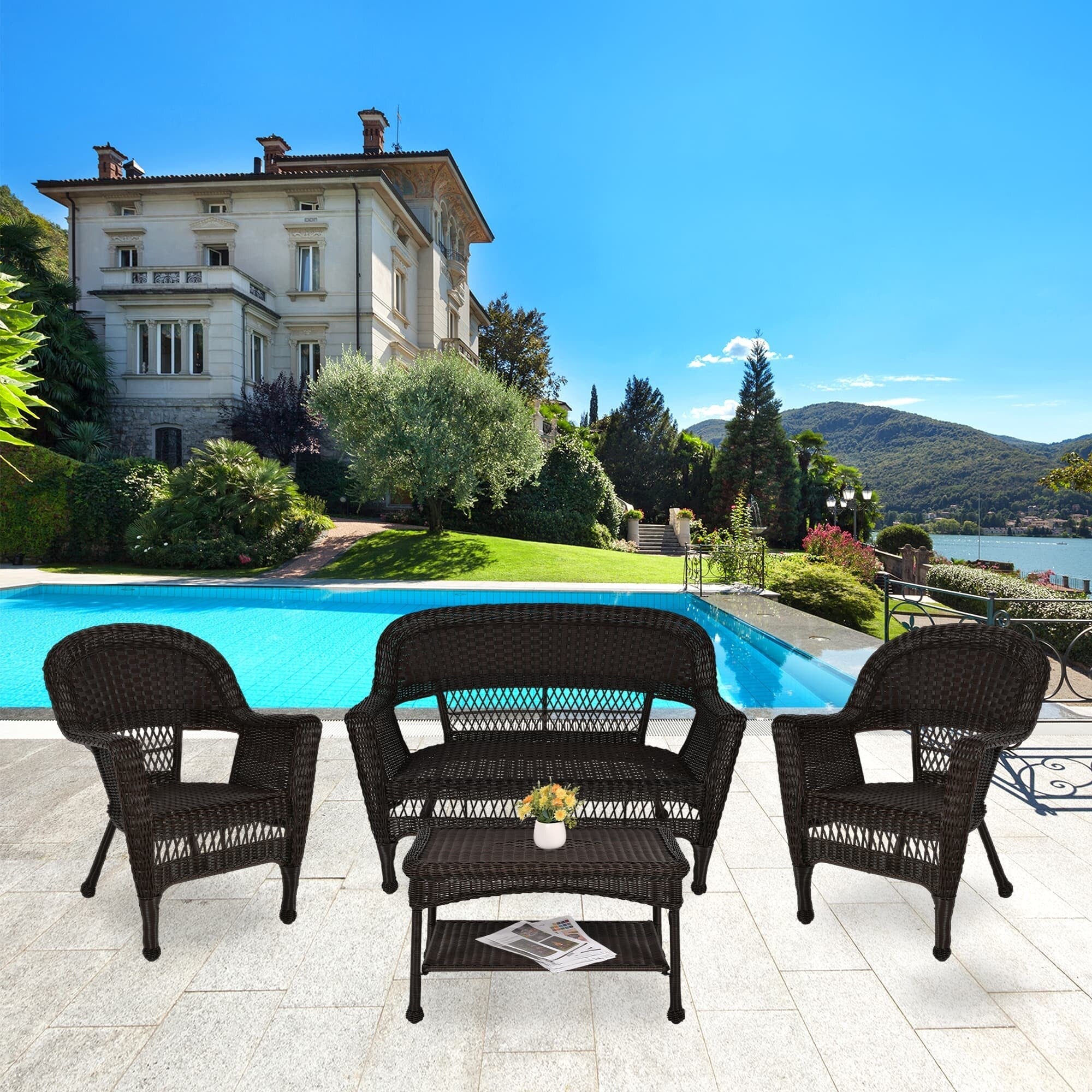 Ensemble de conversation 4 pièces pour patio en osier