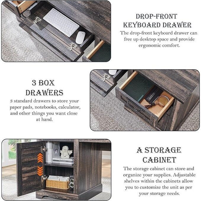 Bureau exécutif Farmhouse 60, bureau en bois pour la maison, bureau d'ordinateur